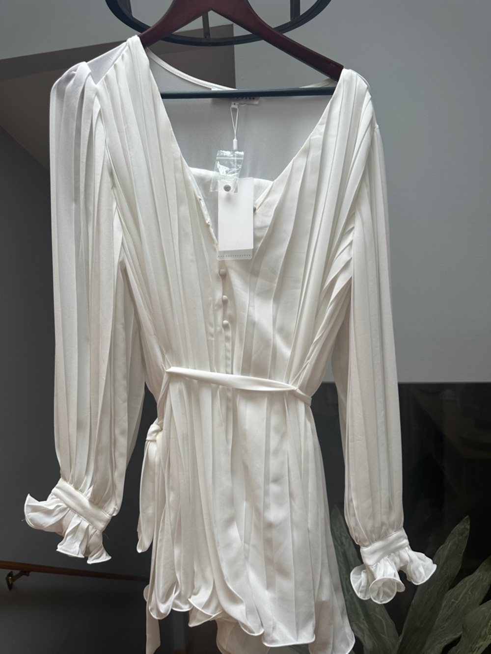 Endless Rose Ivory Pleated V-Neck Long Sleeve Romper with Tie Waist